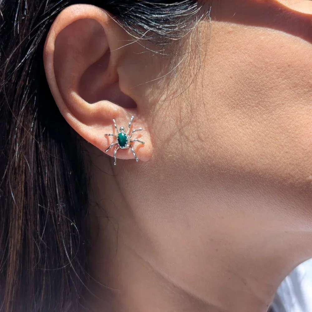 Handmade Navajo Stud Earrings Native American Spider Malachite Stone Jewelry ***